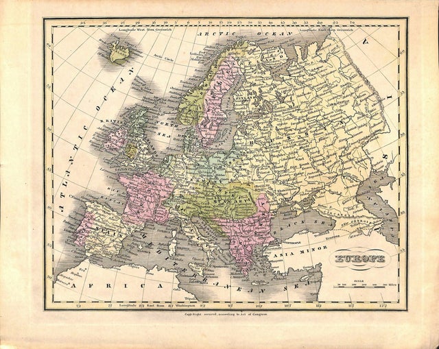 Europe, Antique Map of Europe 1860, Matted